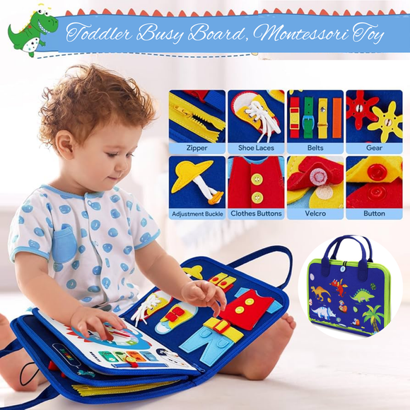 Toddler Busy Board, Montessori Toy with Dinosaur Knowledge for Develop Basic Skills, All in 1 Learn to Dress Toy for 1-4-Year-Old Kids